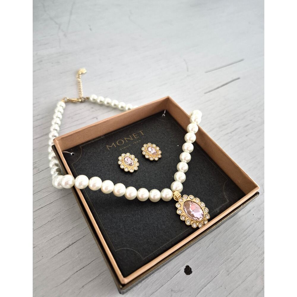 Vintage Monet Pink Stone Halo Faux Pearl Necklace with Earring Set